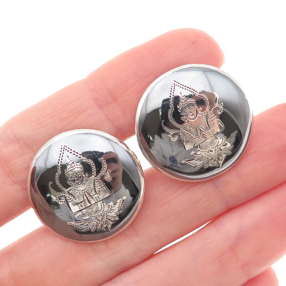 925 Sterling Silver Vintage Niello Hindu Goddess Cufflinks